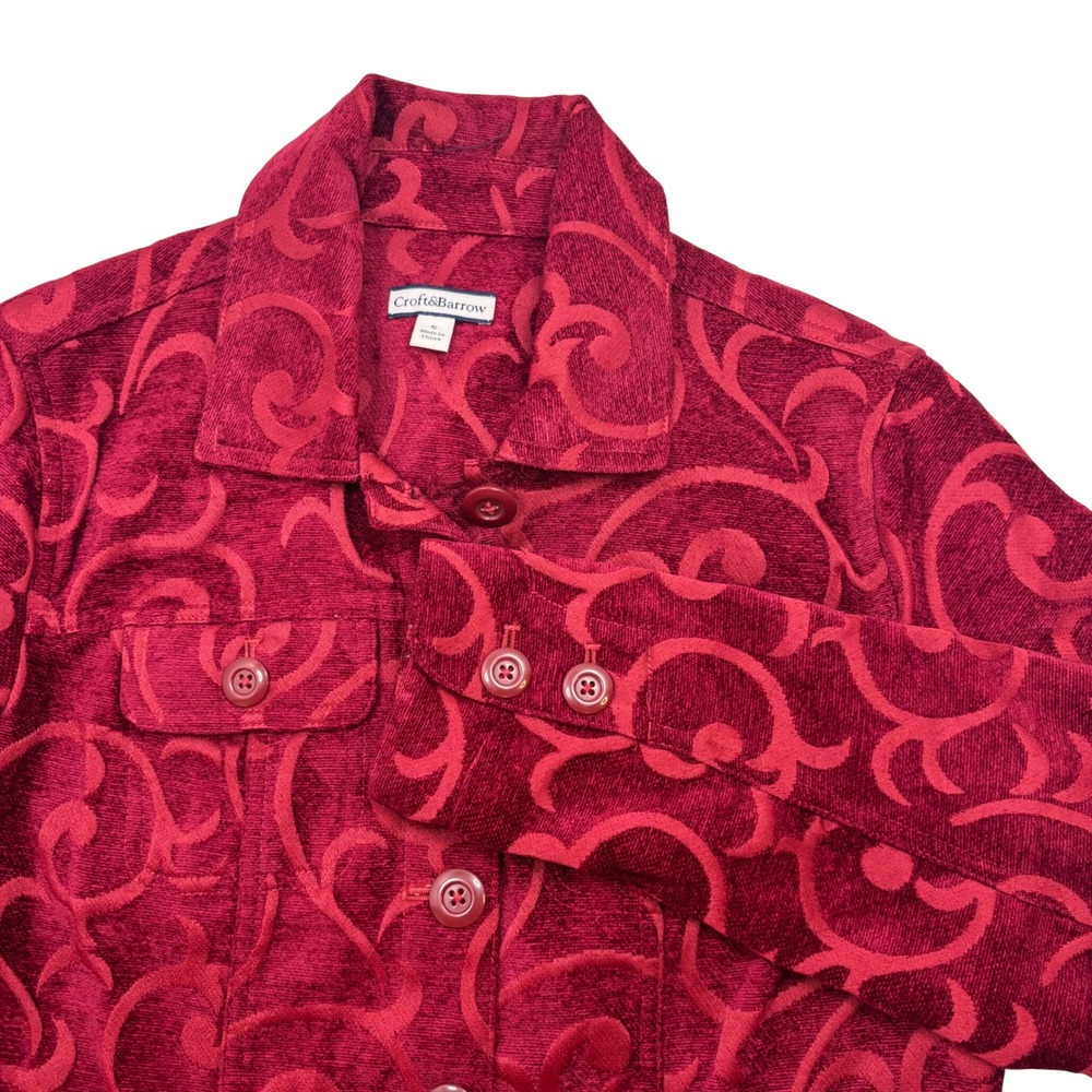 Croft & Barrow Womens Red Swirl Chenille Jacquard Button Front Jacket Small